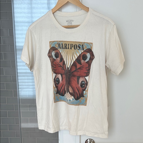 Mighty Fine Cream Butterfly Graphic T-Shirt - Picture 1 of 5